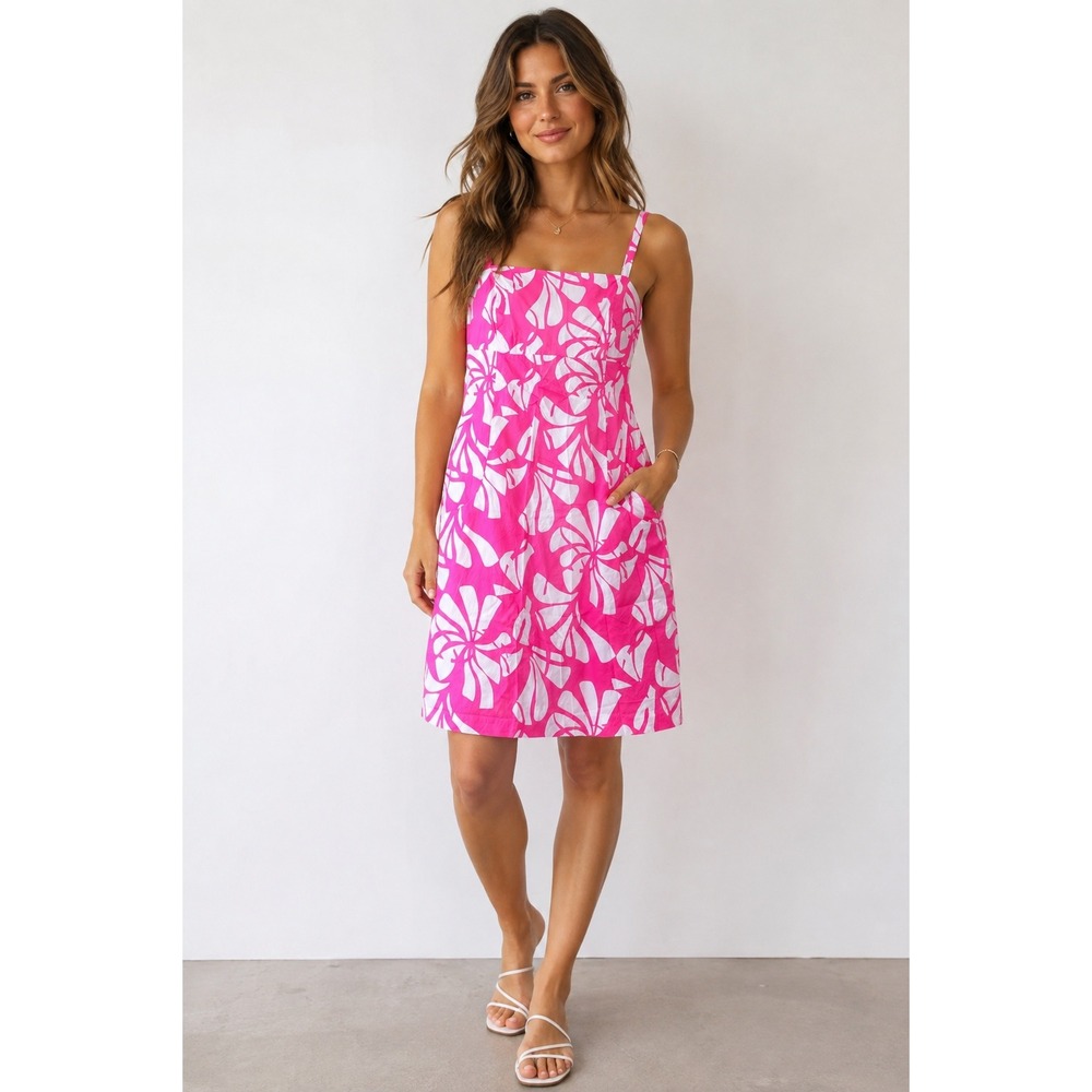 Lilly Pulitzer Dress Womens 14 Pink Like New Floral Smocked Shift Pocket Cotton